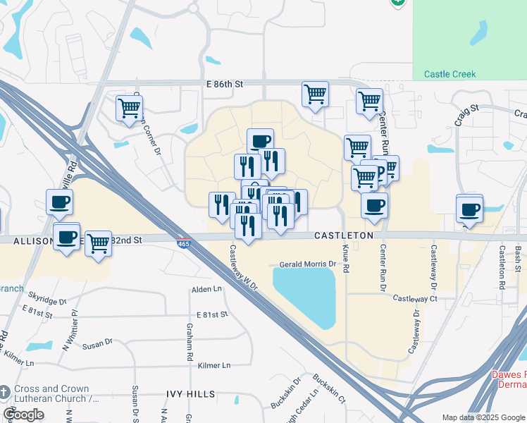 map of restaurants, bars, coffee shops, grocery stores, and more near 6022 East 82nd Street in Indianapolis