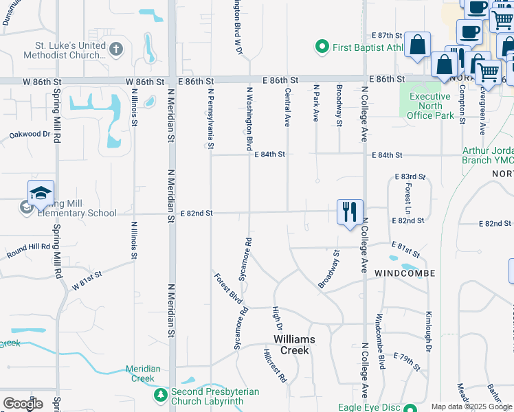 map of restaurants, bars, coffee shops, grocery stores, and more near 8195 Sycamore Road in Indianapolis