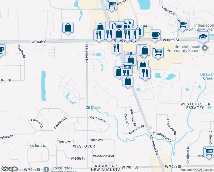 map of restaurants, bars, coffee shops, grocery stores, and more near 8287 Quetico Drive in Indianapolis