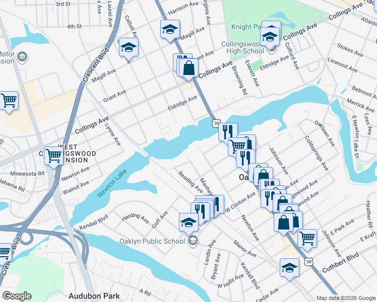 map of restaurants, bars, coffee shops, grocery stores, and more near 109 Manheim Avenue in Oaklyn