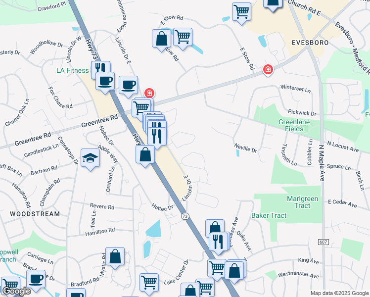 map of restaurants, bars, coffee shops, grocery stores, and more near 5504 Red Haven Drive in Evesham