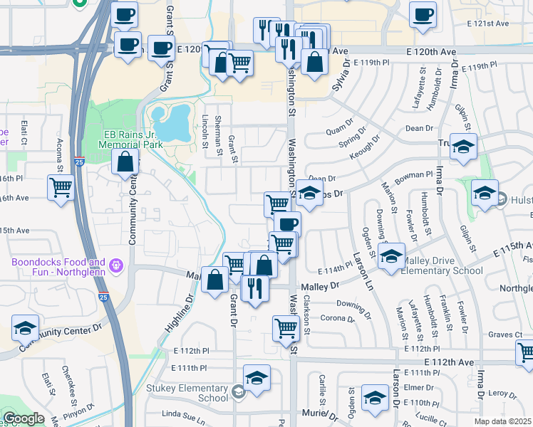map of restaurants, bars, coffee shops, grocery stores, and more near 11501 Washington Street in Northglenn
