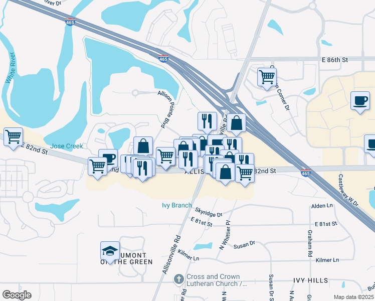 map of restaurants, bars, coffee shops, grocery stores, and more near 8275 Allison Pointe Trail in Indianapolis