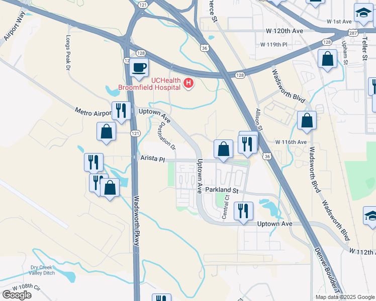 map of restaurants, bars, coffee shops, grocery stores, and more near 8401 Arista Place in Broomfield