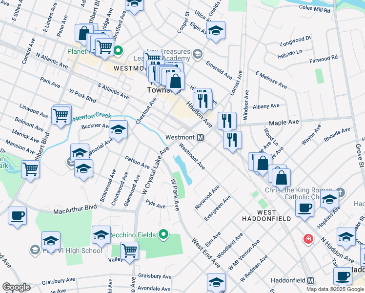 map of restaurants, bars, coffee shops, grocery stores, and more near Westmont Avenue in Haddon Township