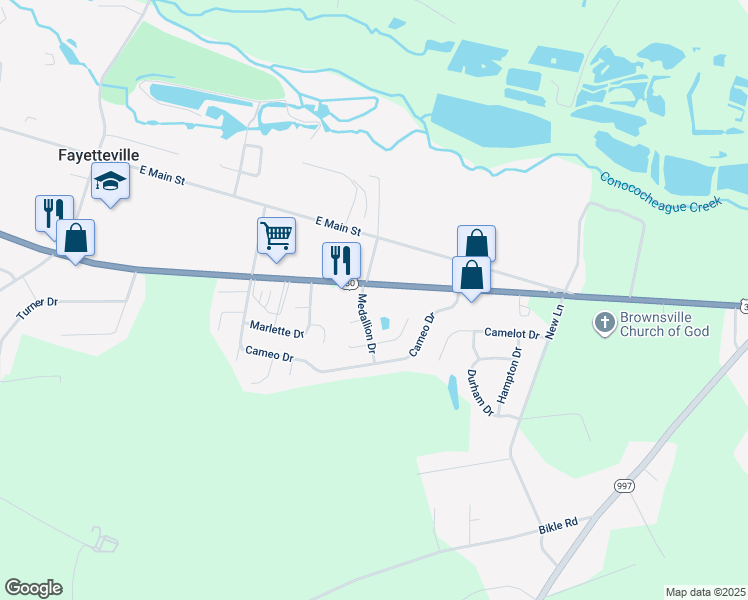 map of restaurants, bars, coffee shops, grocery stores, and more near 5642 Lincoln Way East in Fayetteville
