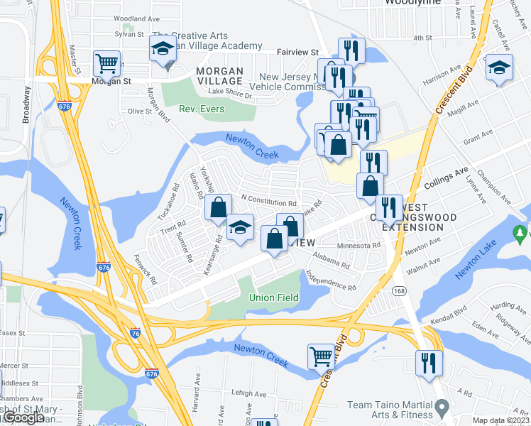 map of restaurants, bars, coffee shops, grocery stores, and more near 1327 Argus Road in Camden