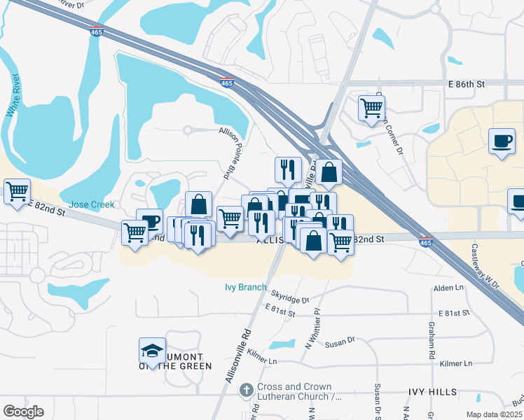 map of restaurants, bars, coffee shops, grocery stores, and more near 8275 Allison Pointe Trail in Indianapolis