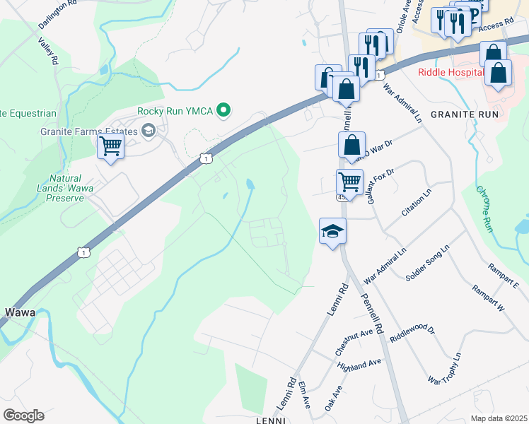 map of restaurants, bars, coffee shops, grocery stores, and more near 227 Ponds Edge Drive in Media