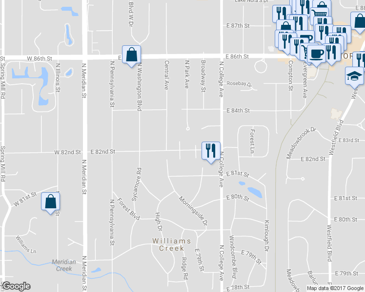 map of restaurants, bars, coffee shops, grocery stores, and more near 554 East 82nd Street in Indianapolis
