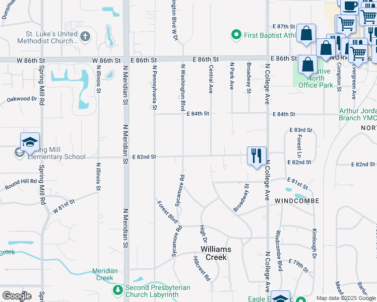 map of restaurants, bars, coffee shops, grocery stores, and more near 8195 Sycamore Road in Indianapolis