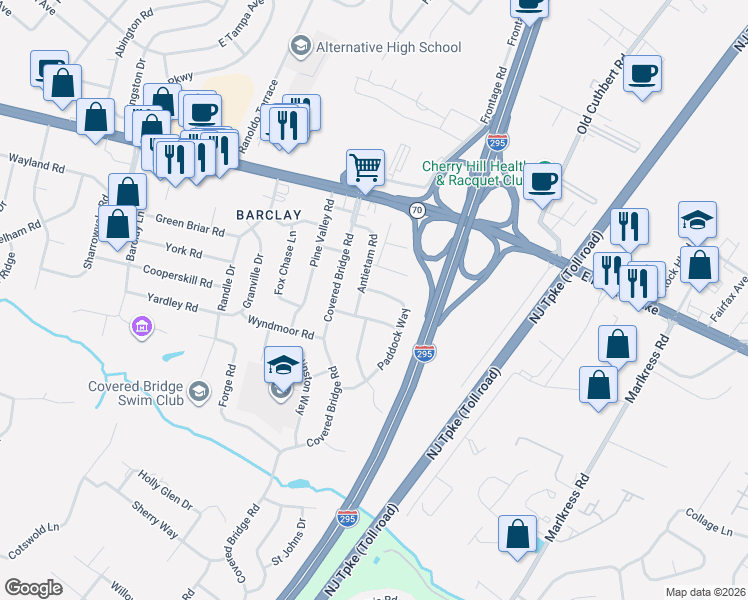 map of restaurants, bars, coffee shops, grocery stores, and more near 1313 Beaverbrook Drive in Cherry Hill