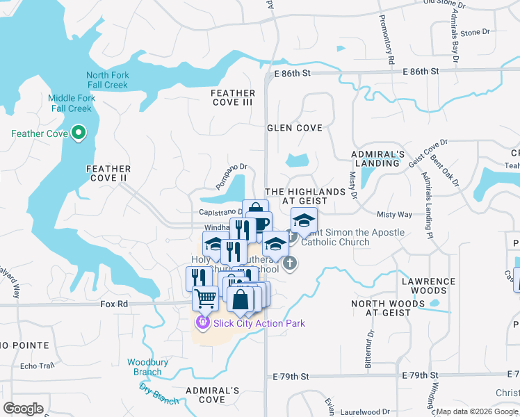 map of restaurants, bars, coffee shops, grocery stores, and more near 11741 Capistrano Drive in Indianapolis