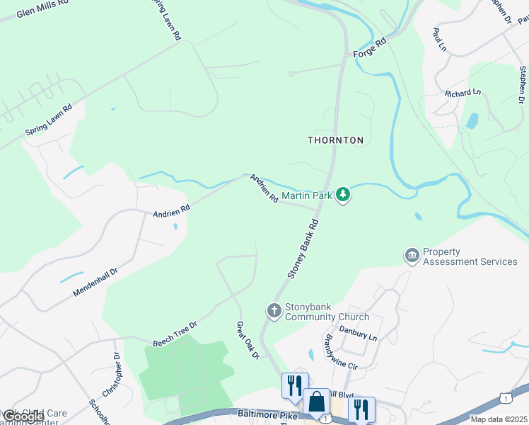 map of restaurants, bars, coffee shops, grocery stores, and more near 16 Andrien Road in Glen Mills