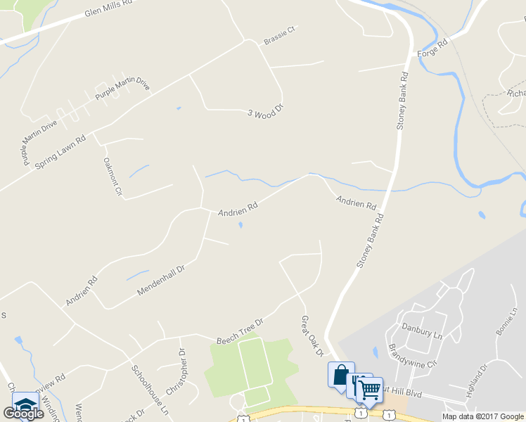 map of restaurants, bars, coffee shops, grocery stores, and more near 50 Andrien Road in Glen Mills