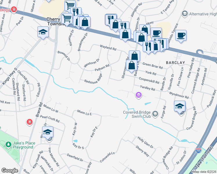 map of restaurants, bars, coffee shops, grocery stores, and more near 300 Sawmill Road in Cherry Hill Township