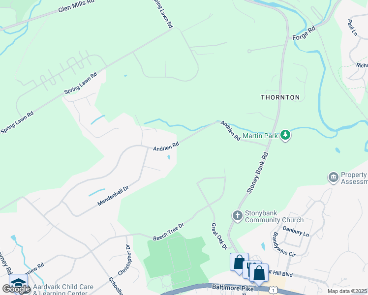 map of restaurants, bars, coffee shops, grocery stores, and more near 50 Andrien Road in Glen Mills