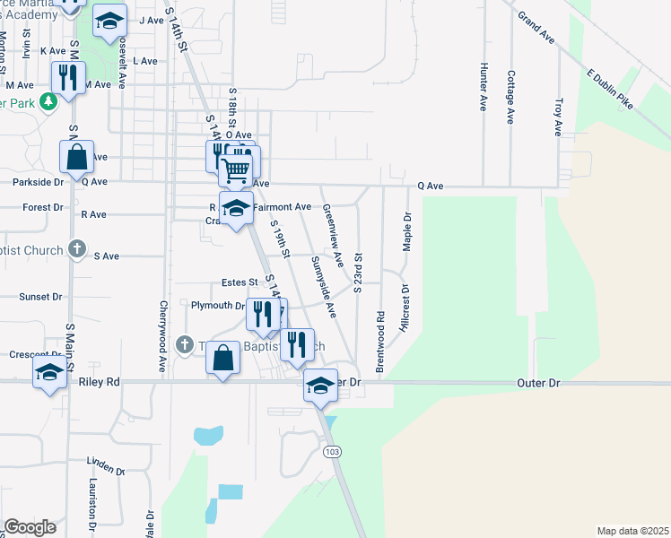 map of restaurants, bars, coffee shops, grocery stores, and more near 2801 Sunnyside Avenue in New Castle