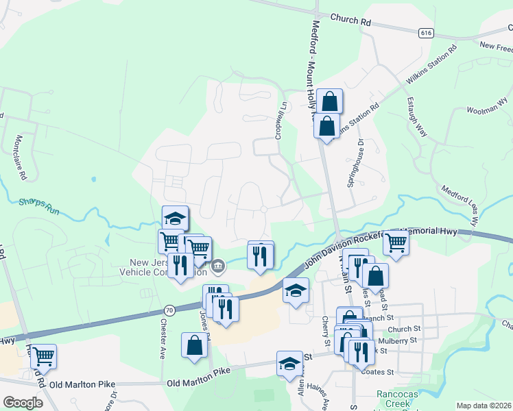 map of restaurants, bars, coffee shops, grocery stores, and more near 4 Eaves Mill Road in Medford