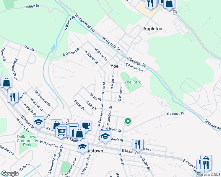 map of restaurants, bars, coffee shops, grocery stores, and more near 264 South Main Street in Yoe