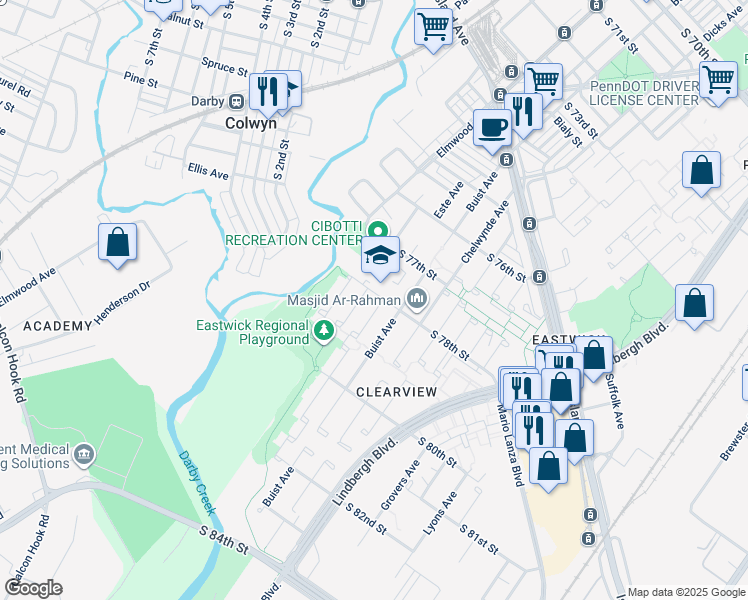 map of restaurants, bars, coffee shops, grocery stores, and more near 2532 South 78th Street in Philadelphia