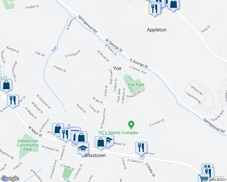 map of restaurants, bars, coffee shops, grocery stores, and more near 264 South Main Street in Yoe