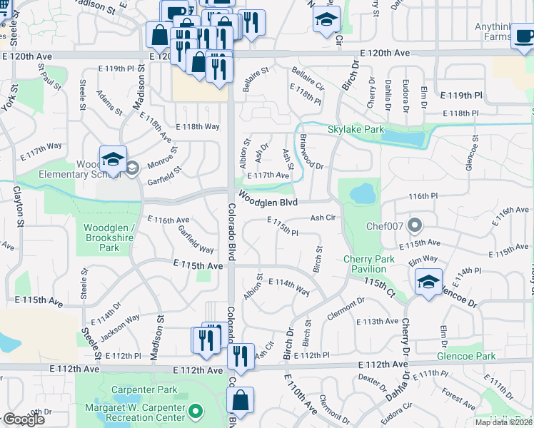 map of restaurants, bars, coffee shops, grocery stores, and more near 4120 East 115th Place in Thornton
