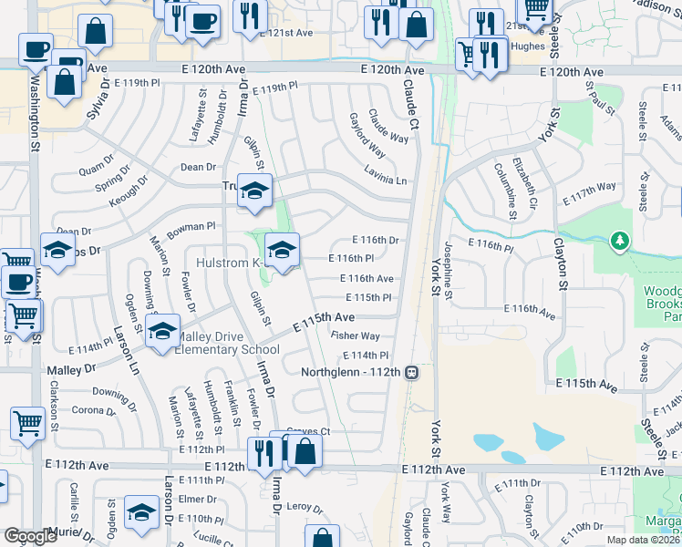 map of restaurants, bars, coffee shops, grocery stores, and more near 1928 East 116th Avenue in Northglenn