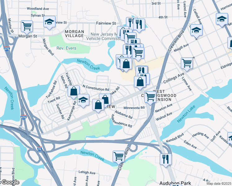 map of restaurants, bars, coffee shops, grocery stores, and more near 3030 North Merrimac Road in Camden