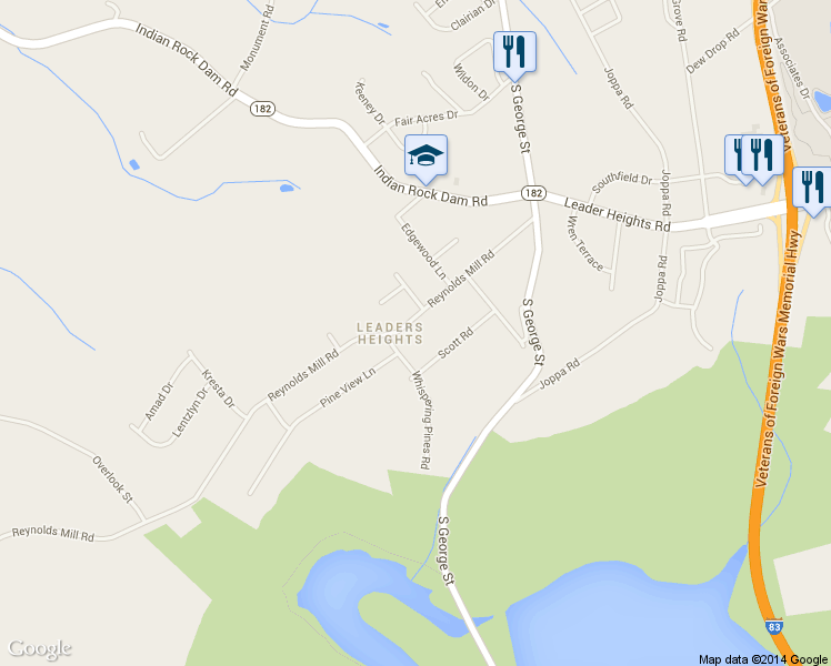 map of restaurants, bars, coffee shops, grocery stores, and more near 180 Reynolds Mill Road in York