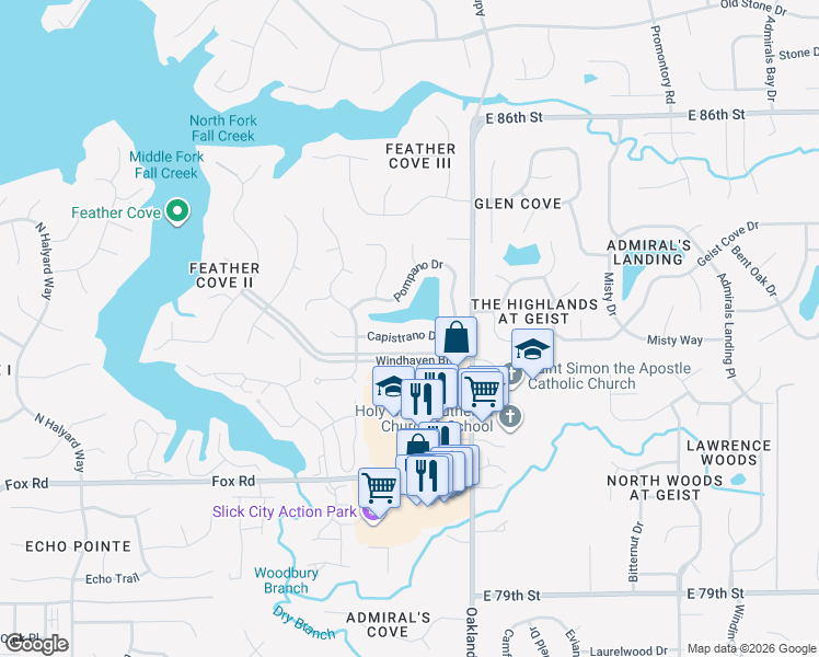 map of restaurants, bars, coffee shops, grocery stores, and more near 11666 Capistrano Drive in Indianapolis