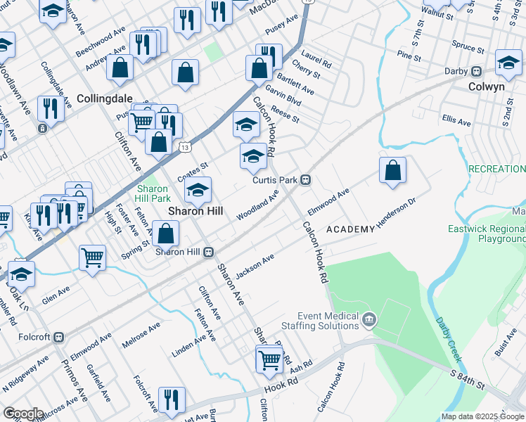 map of restaurants, bars, coffee shops, grocery stores, and more near 837 Woodland Avenue in Sharon Hill