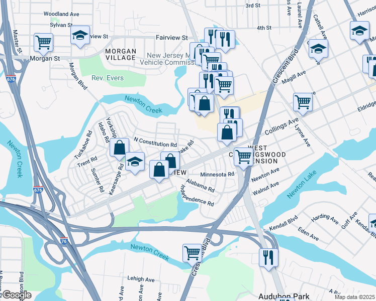 map of restaurants, bars, coffee shops, grocery stores, and more near 3030 North Merrimac Road in Camden