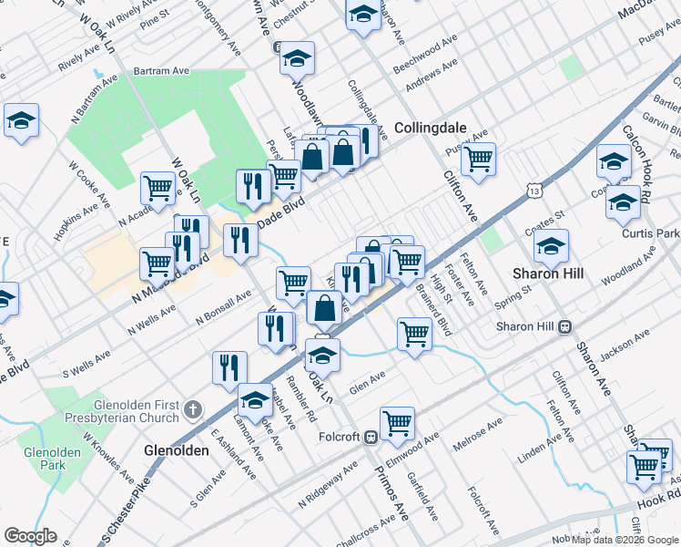 map of restaurants, bars, coffee shops, grocery stores, and more near 28 King Avenue in Folcroft