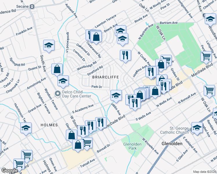 map of restaurants, bars, coffee shops, grocery stores, and more near 702 Crescent Drive in Glenolden