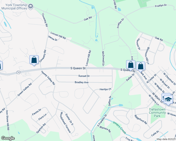 map of restaurants, bars, coffee shops, grocery stores, and more near 2900 South Queen Street in Dallastown