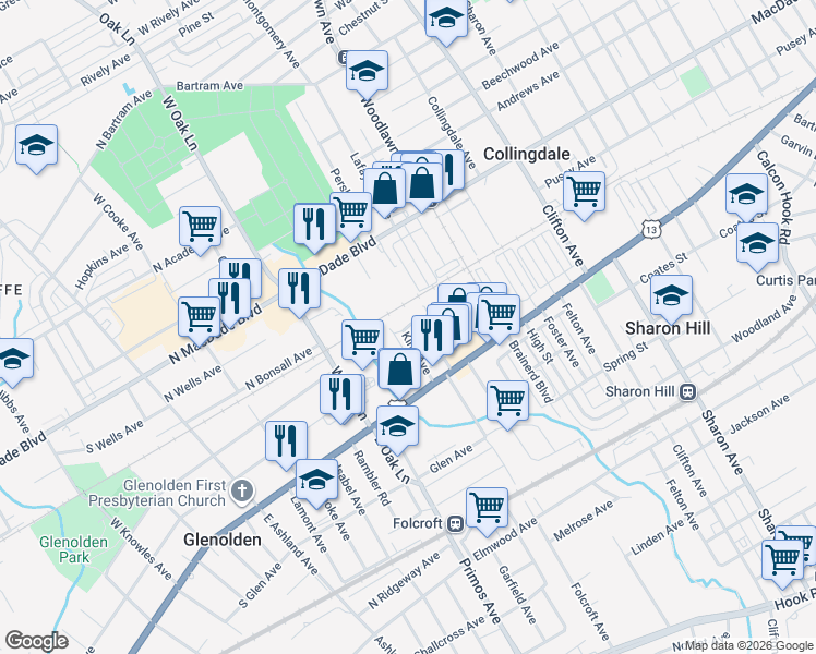 map of restaurants, bars, coffee shops, grocery stores, and more near 28 King Avenue in Folcroft