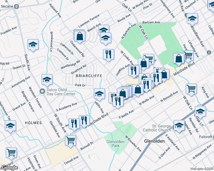 map of restaurants, bars, coffee shops, grocery stores, and more near 108 Academy Avenue in Glenolden
