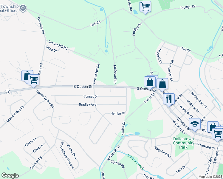 map of restaurants, bars, coffee shops, grocery stores, and more near 2942 South Queen Street in Dallastown