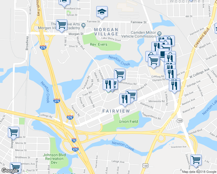 map of restaurants, bars, coffee shops, grocery stores, and more near Yorkship Road & Yorkship Square in Camden