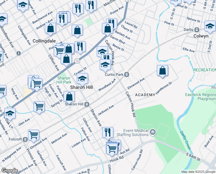 map of restaurants, bars, coffee shops, grocery stores, and more near 837 Woodland Avenue in Sharon Hill