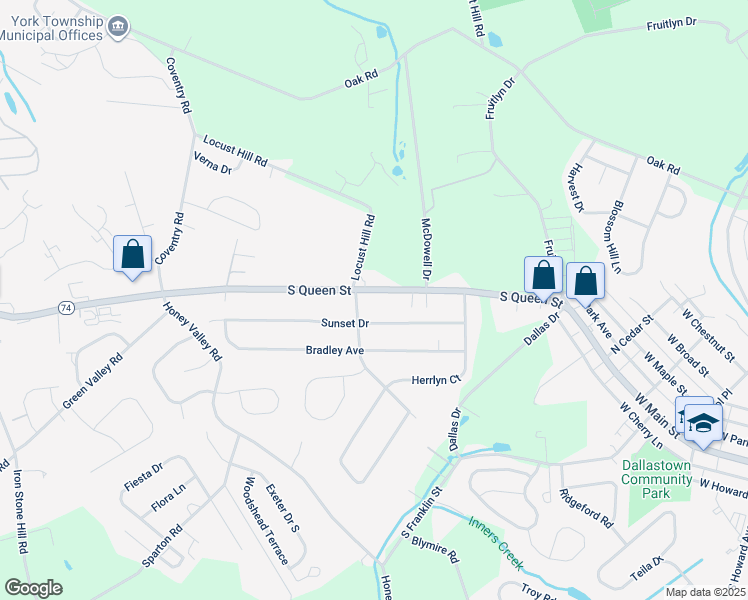 map of restaurants, bars, coffee shops, grocery stores, and more near 2900 South Queen Street in Dallastown