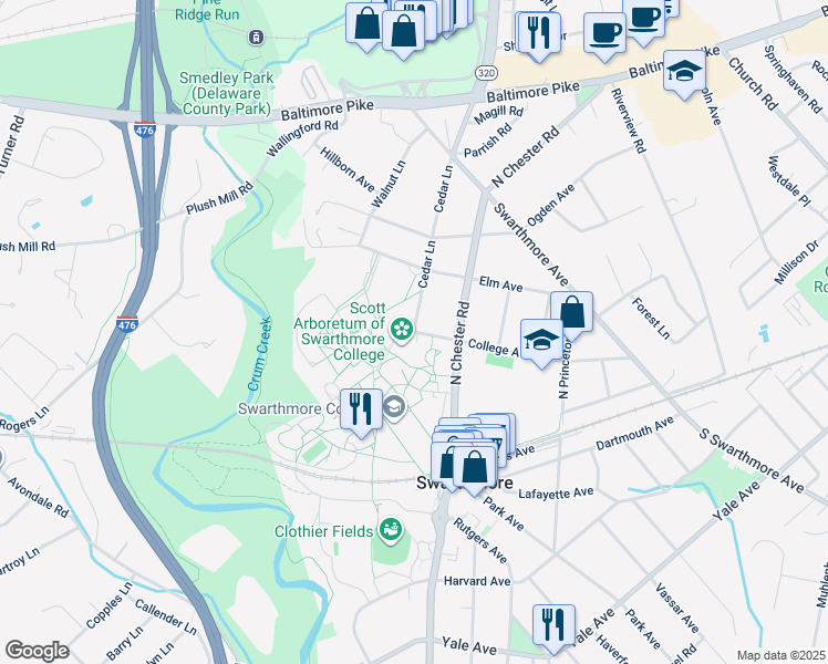 map of restaurants, bars, coffee shops, grocery stores, and more near 500 College Avenue in Swarthmore