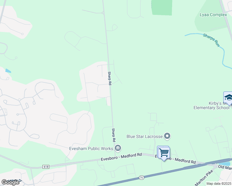 map of restaurants, bars, coffee shops, grocery stores, and more near 160 Sharp Road in Evesham Township