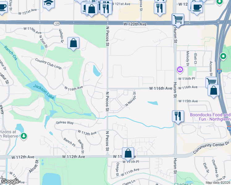 map of restaurants, bars, coffee shops, grocery stores, and more near 11590 North Pecos Street in Denver