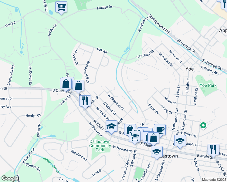 map of restaurants, bars, coffee shops, grocery stores, and more near 389 West Chestnut Street in Dallastown