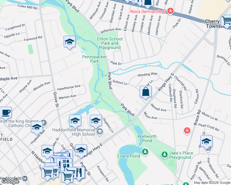 map of restaurants, bars, coffee shops, grocery stores, and more near 110 B Cherry Parke in Cherry Hill Township