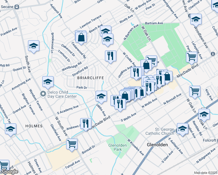 map of restaurants, bars, coffee shops, grocery stores, and more near 108 Academy Avenue in Glenolden