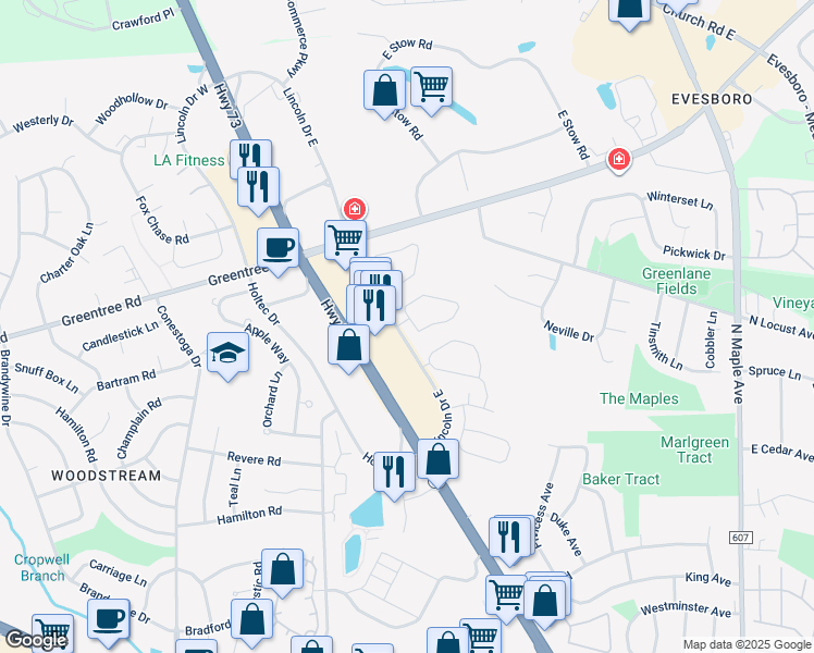 map of restaurants, bars, coffee shops, grocery stores, and more near 2101 Elberta Lane in Evesham Township