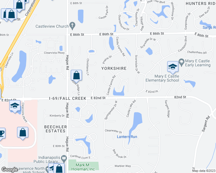 map of restaurants, bars, coffee shops, grocery stores, and more near 8214 Castle Farms Road in Indianapolis